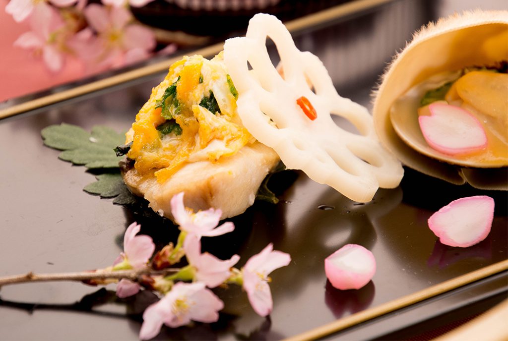 綾部の料亭 ゆう月 春の会席 桜 お花見 鰆の菜種焼き 酢味噌掛け