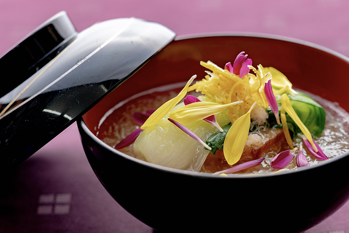 丹波のレストラン ゆう月の冬の会席料理 海老芋 京野菜