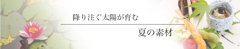 夏の食材（鮎・鱧・万願寺唐辛子・加茂茄子・紫ずきん・黒豆の枝豆）をご紹介しています