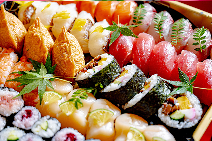 特選寿司盛り合わせ。大トロ・高級ネタを含む最上位仕様。祝宴・接待・大人数の集まり向け豪華寿司