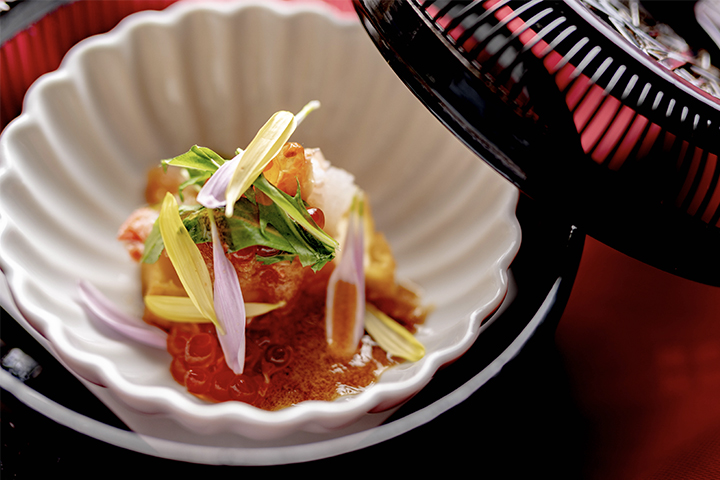 京都の和食レストラン ゆう月の冬の会席料理 酢物 泡ポン酢