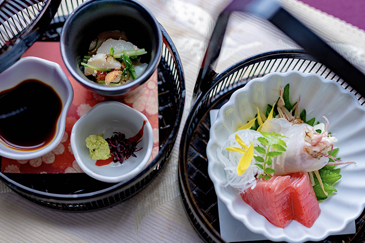 綾部の和食レストラン ゆう月の冬の料理 刺身 真鯛 マグロ